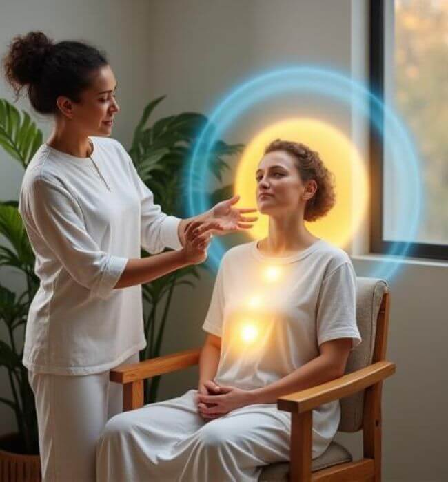 Reiki practitioner performing a Reiki healing session for a seated client