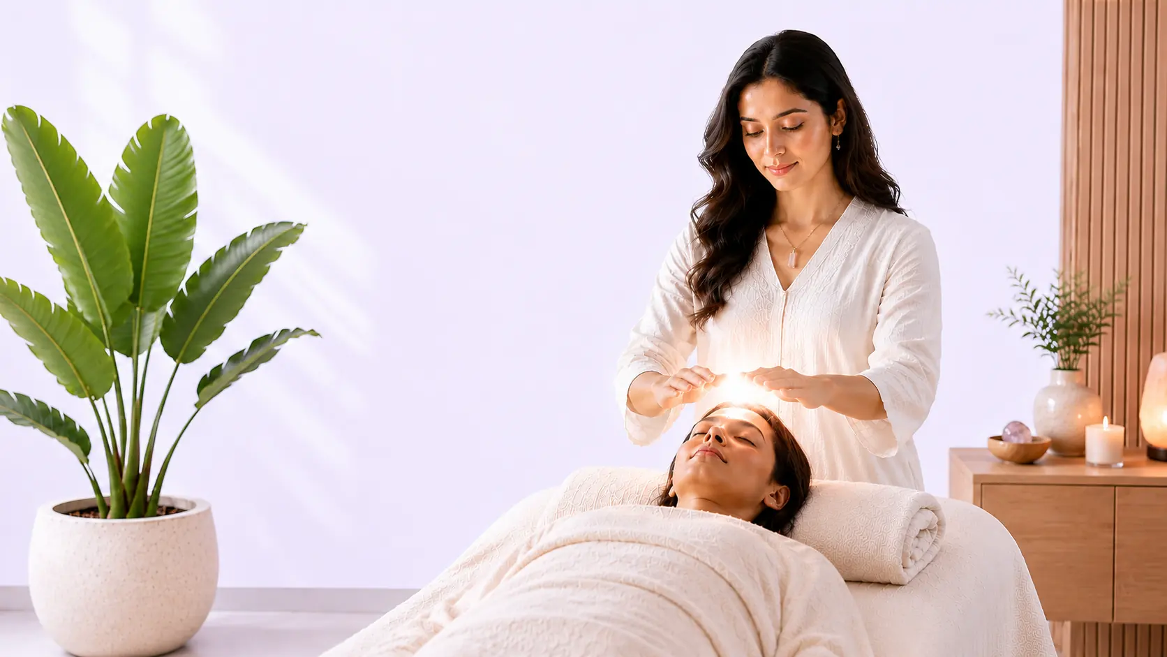 Reiki for stress and anxiety in Ahmedabad session with a female practitioner and relaxed client.