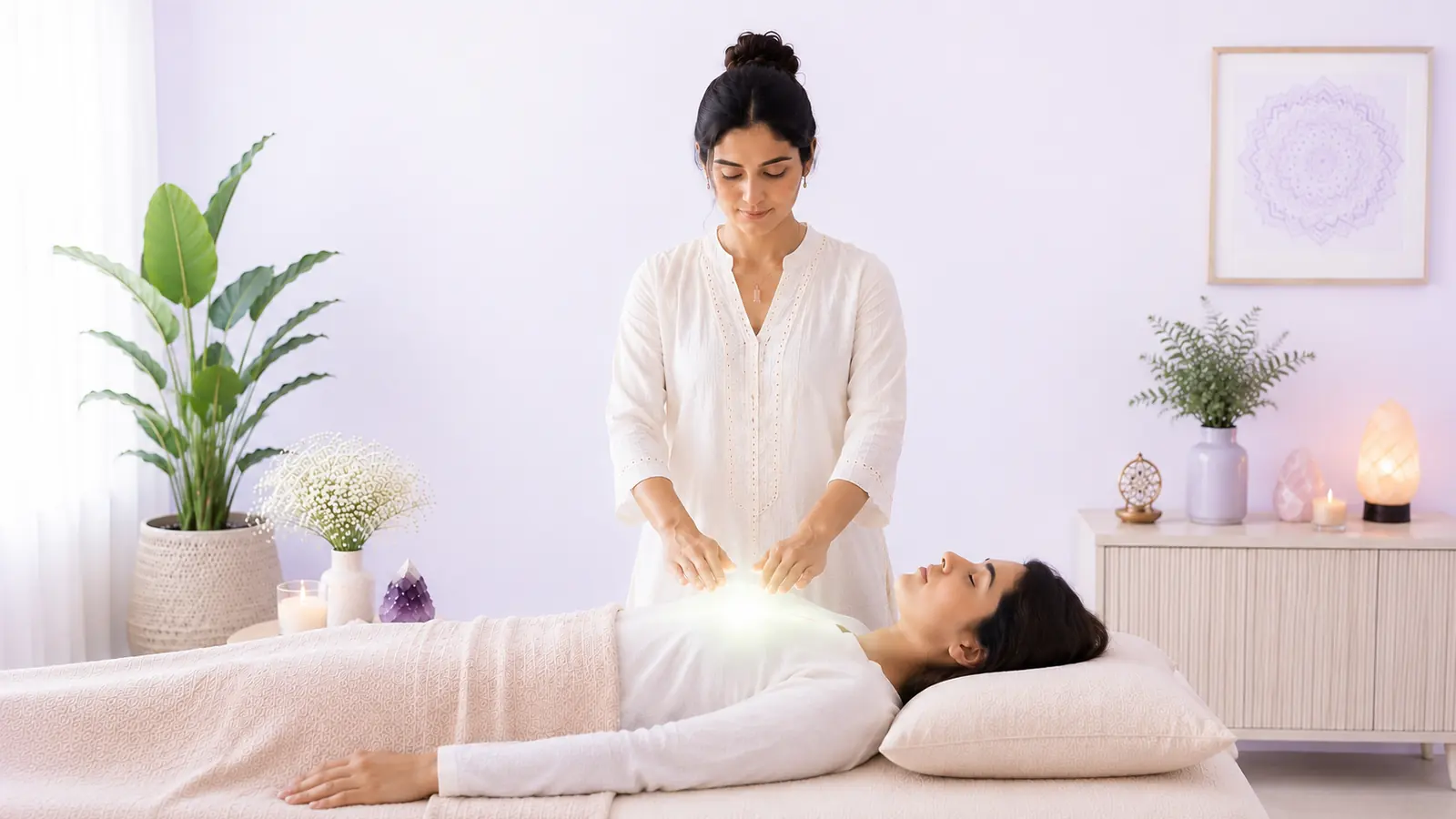 Female Reiki practitioner offering Reiki for emotional healing to a client resting on a therapy table in a calm private room in Ahmedabad.