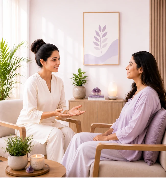 Female Reiki practitioner offering a calm Reiki healing session to a client in a peaceful wellness room in Ahmedabad.