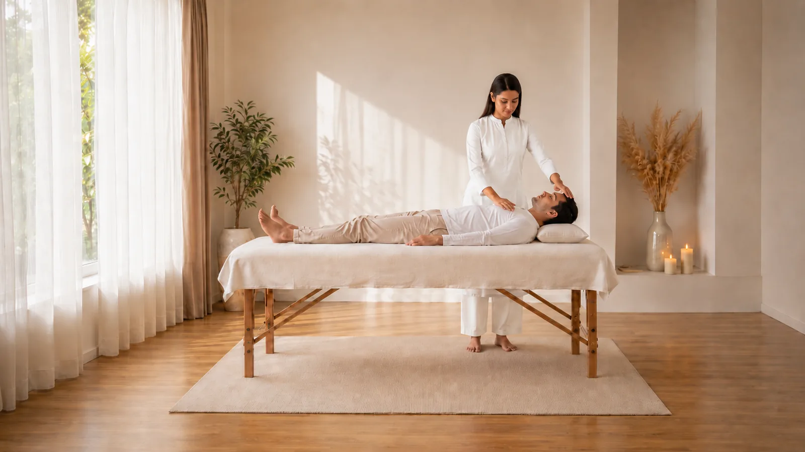 Pain Relief Reiki Session in Ahmedabad with a male client on a therapy table and a female Reiki practitioner in a calm healing room